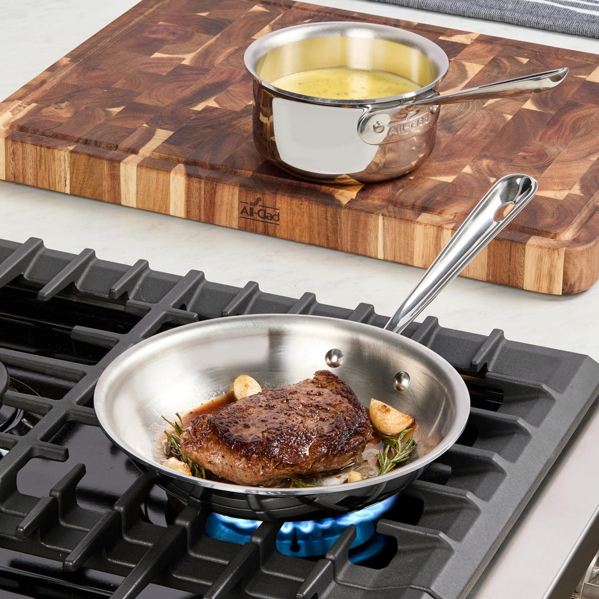 All-Clad D3 flared edge enables drip-free pouring and transfer