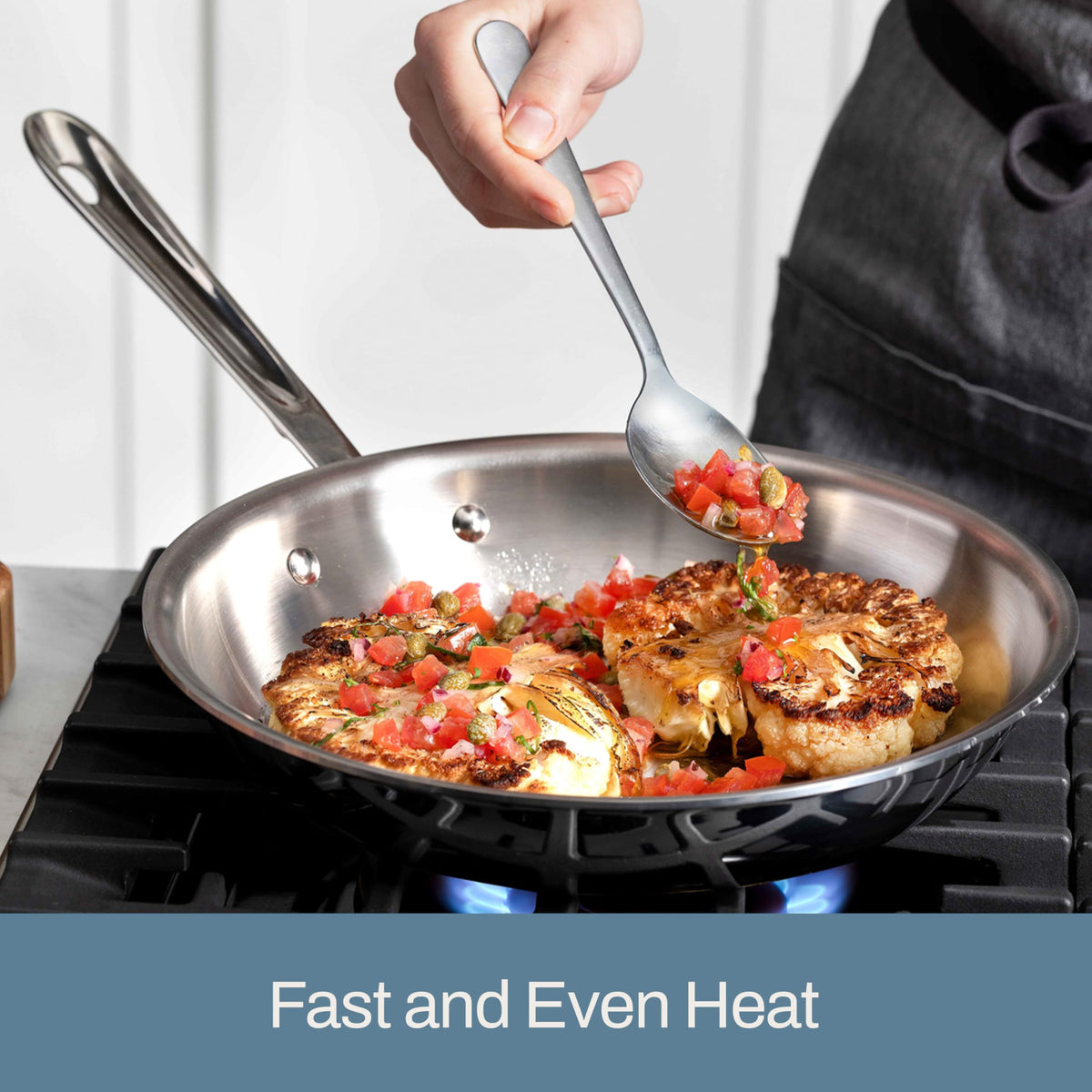 All-Clad D3 aluminum-core stainless-steel shell emphasizes durable, fast heating