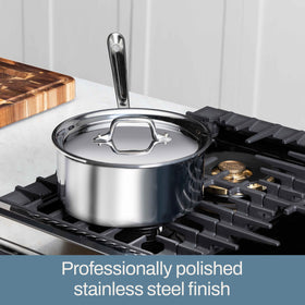 All-Clad D3 sauce pan handle closeup shows secure grip and durable rivets.