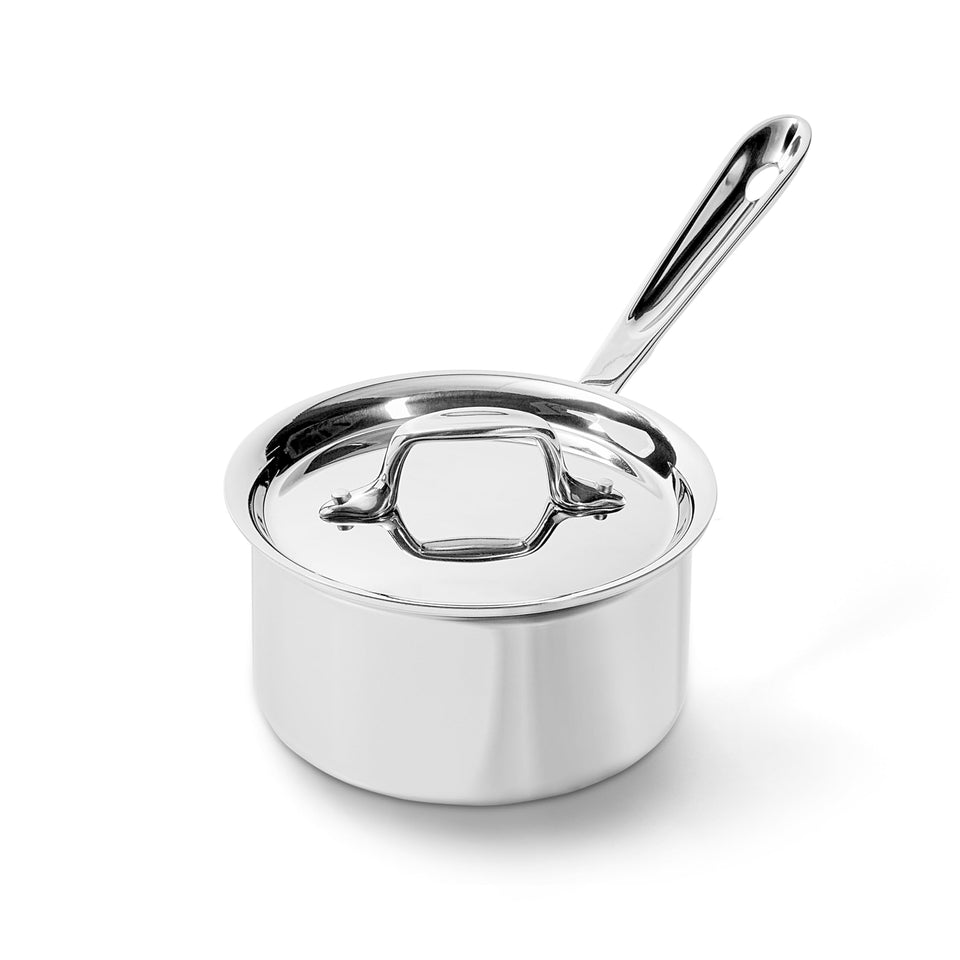 All-Clad D3 sauce pan with lid on delivers even heating for sauces.