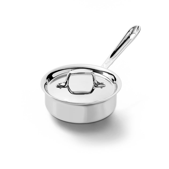 All-Clad D3 1-qt sauce pan side silhouette highlighting tall sides for stirring sauces.