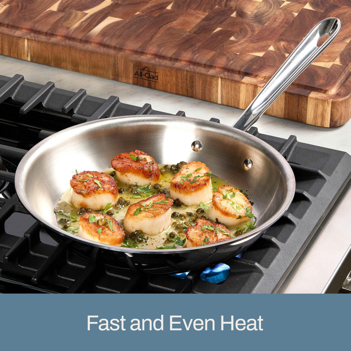 All-Clad D3 pan with polished handle provides balanced control.