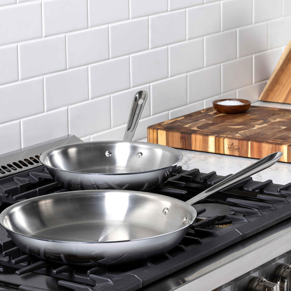 All-Clad D3 stainless 12-inch fry pan with balanced handle for easy turning