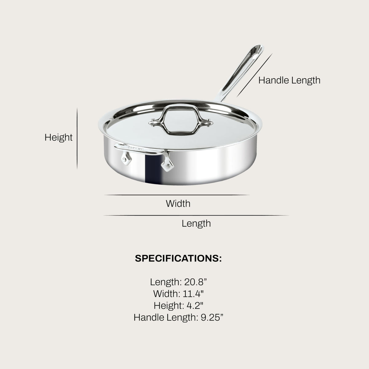 All-Clad D3 stainless tri-ply construction highlights fast, even heat distribution for home chefs