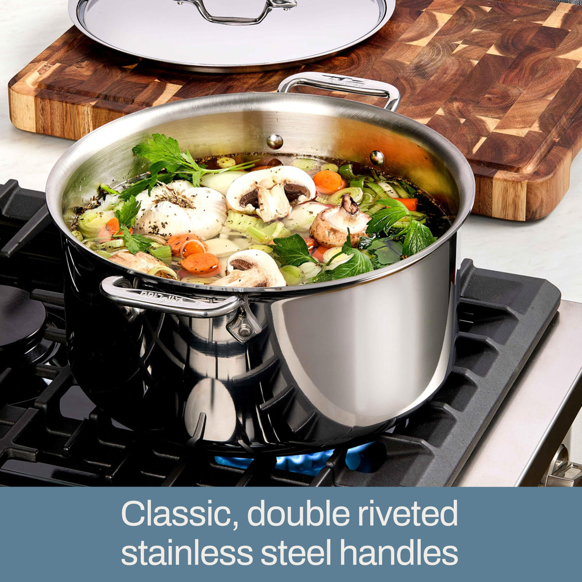 All-Clad D3 Stockpot simmering on stove illustrates versatile cooking