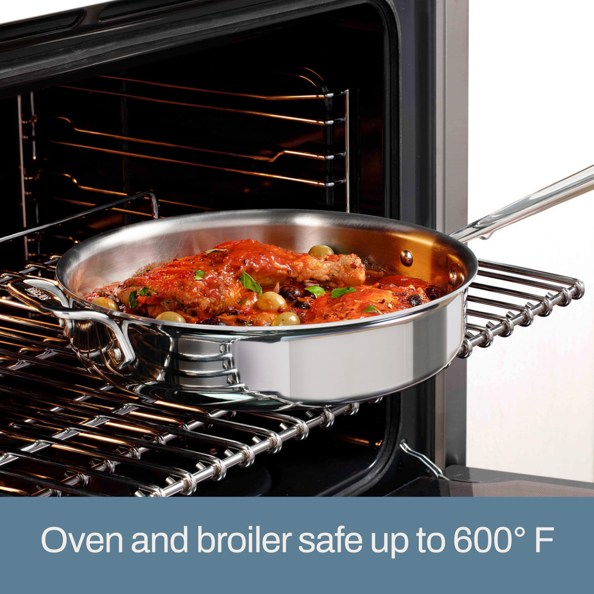 All-Clad D3 Tri-Ply double-riveted handles provide secure grip during busy cooking.