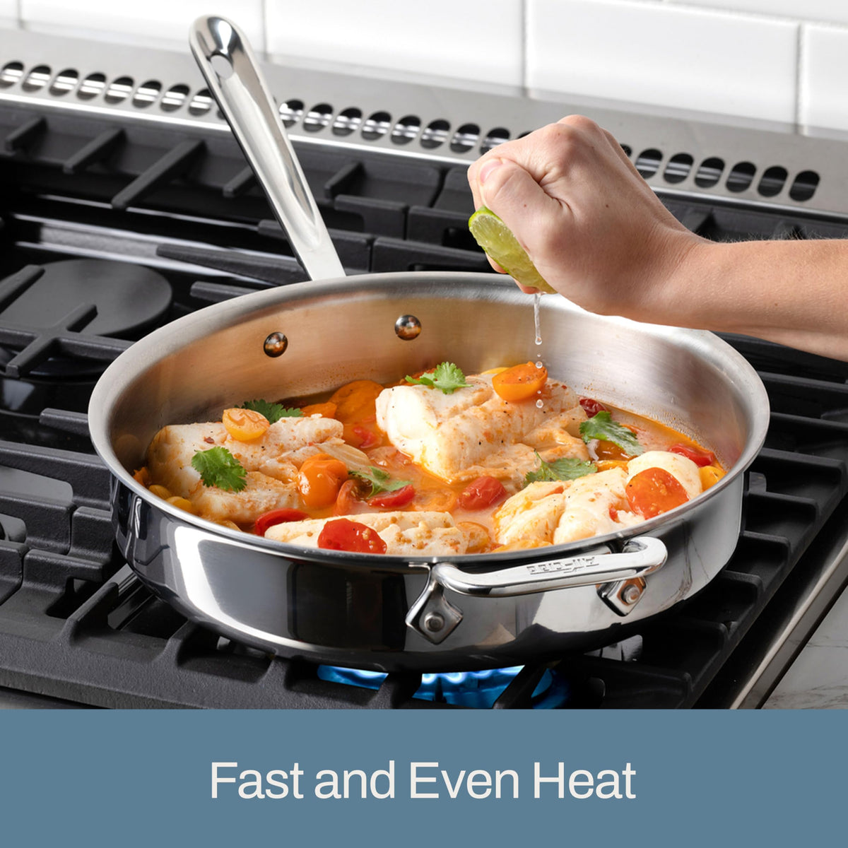 All-Clad D3 Tri-Ply oven-broiler safe up to 600F for finishing dishes.