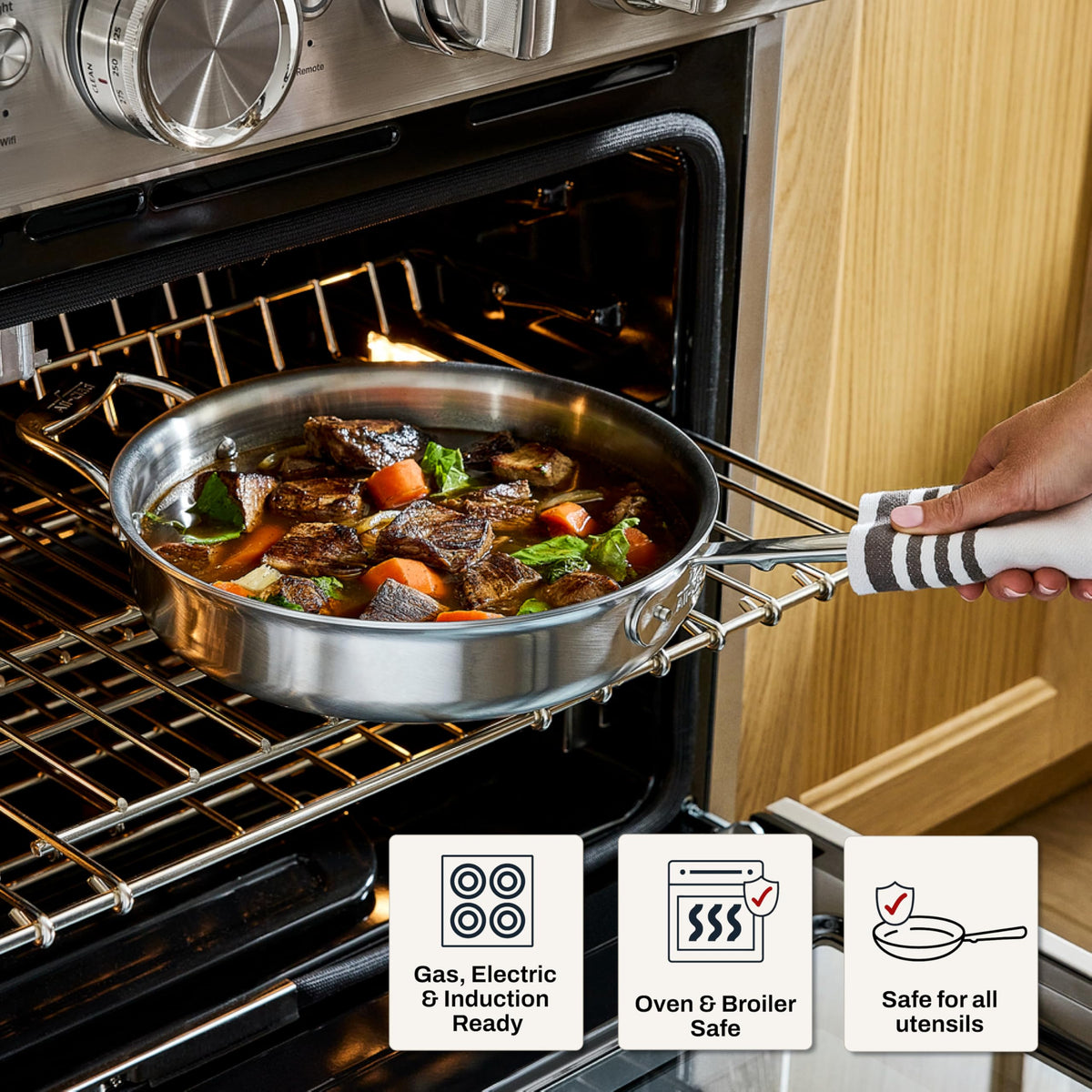 All-Clad D5 brushed stainless steel finish showcases premium craftsmanship.