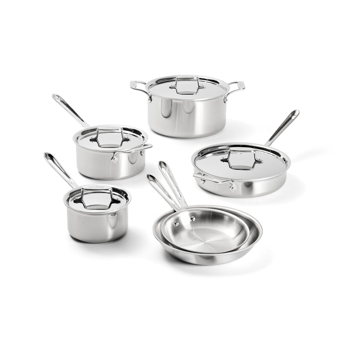 All-Clad D5 fry pans in 8 and 10 inches for even searing and precise heat control.