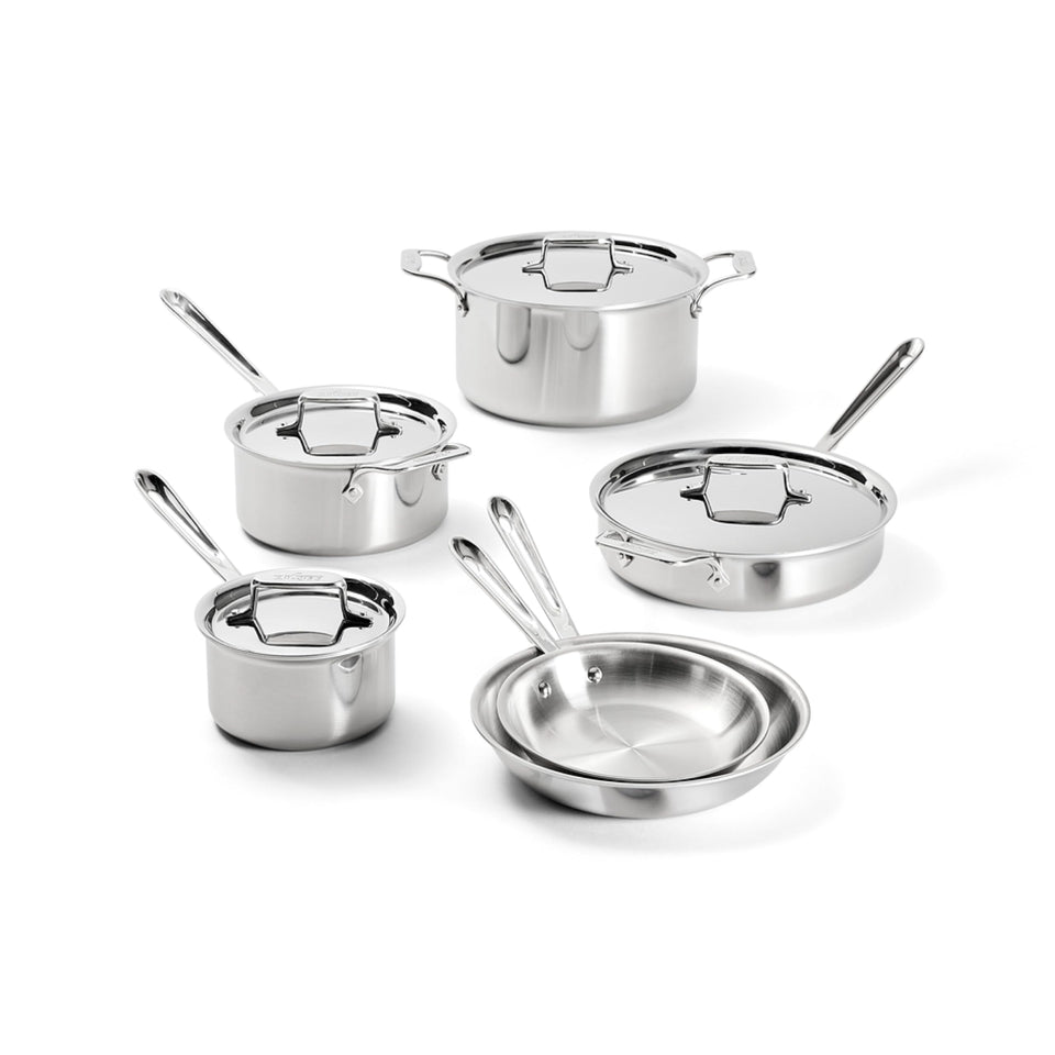 All-Clad D5 fry pans in 8 and 10 inches for even searing and precise heat control.