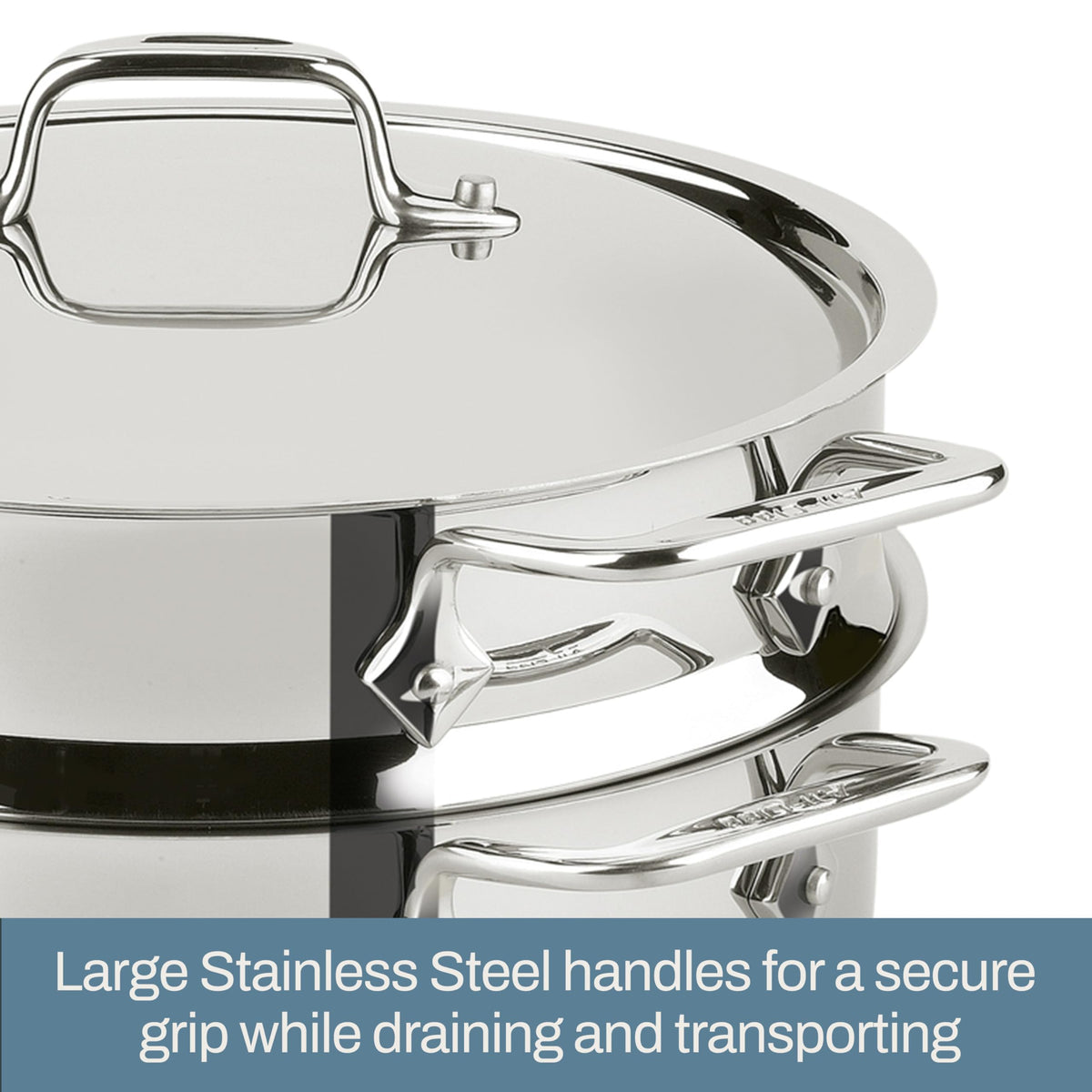 All-Clad E414S564 mirror-polished finish adds sleek kitchen style.