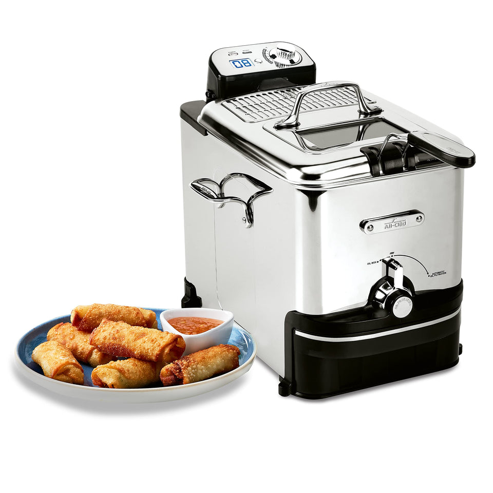 All-Clad electric deep fryer basket and lid enables secure frying with reduced odors