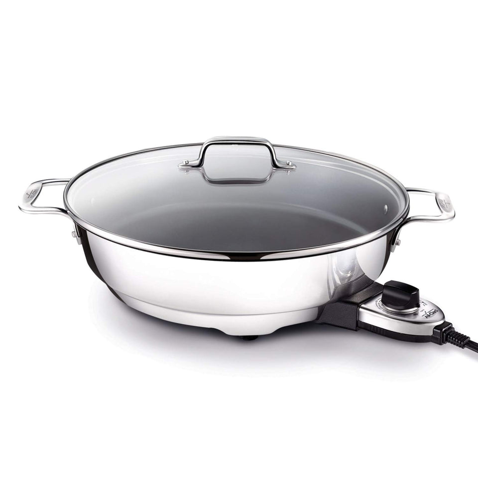 All-Clad electric skillet 7qt with lid on for family meals.