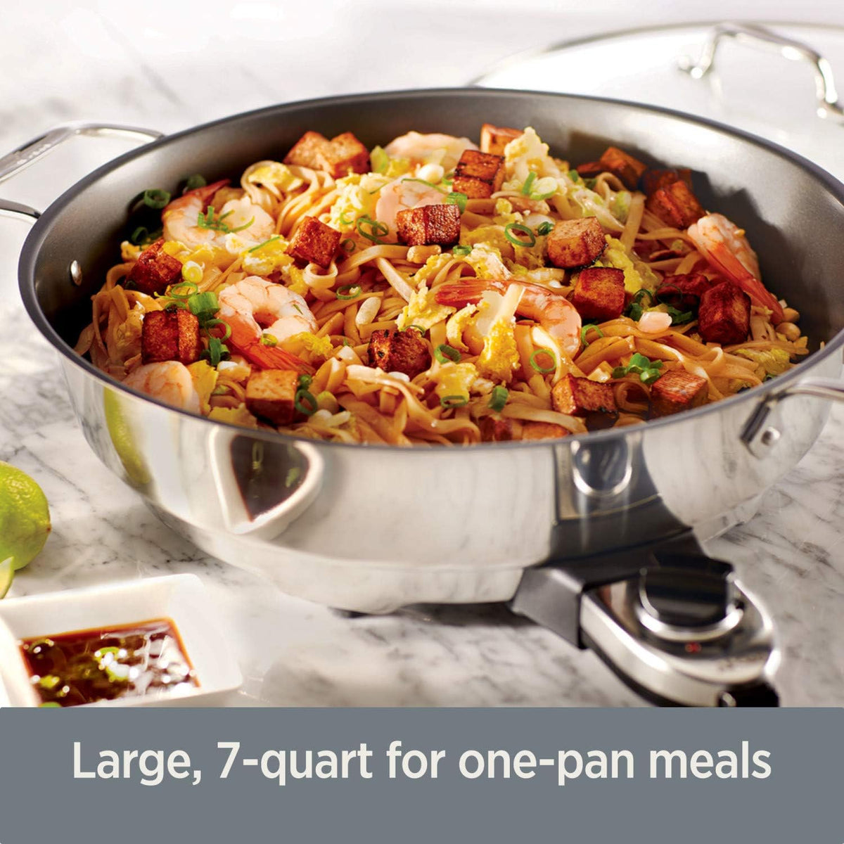All-Clad electric skillet temperature control dial enables precise cooking.