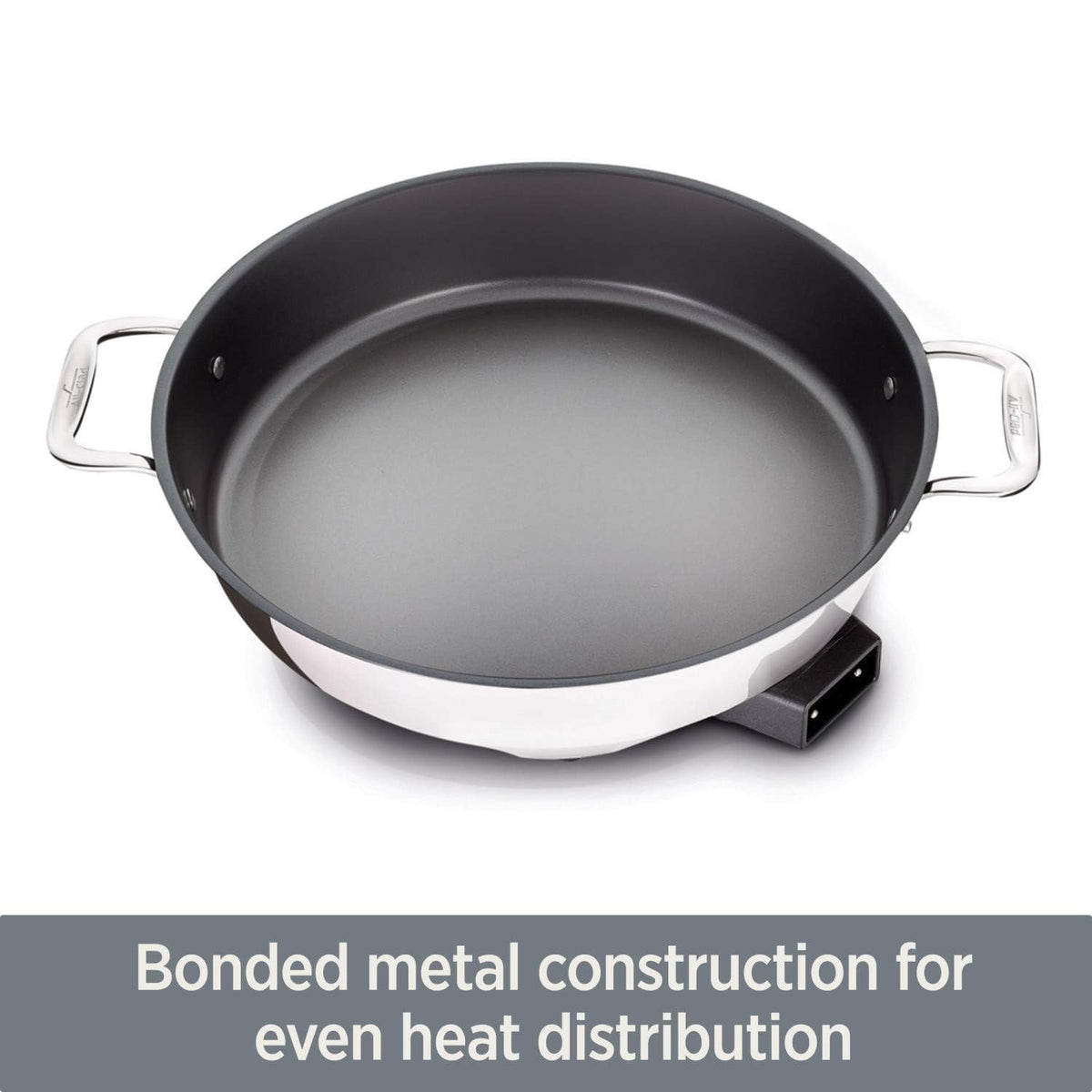 All-Clad electric skillet outer stainless steel shows durable, even heat.