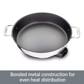 All-Clad electric skillet outer stainless steel shows durable, even heat.