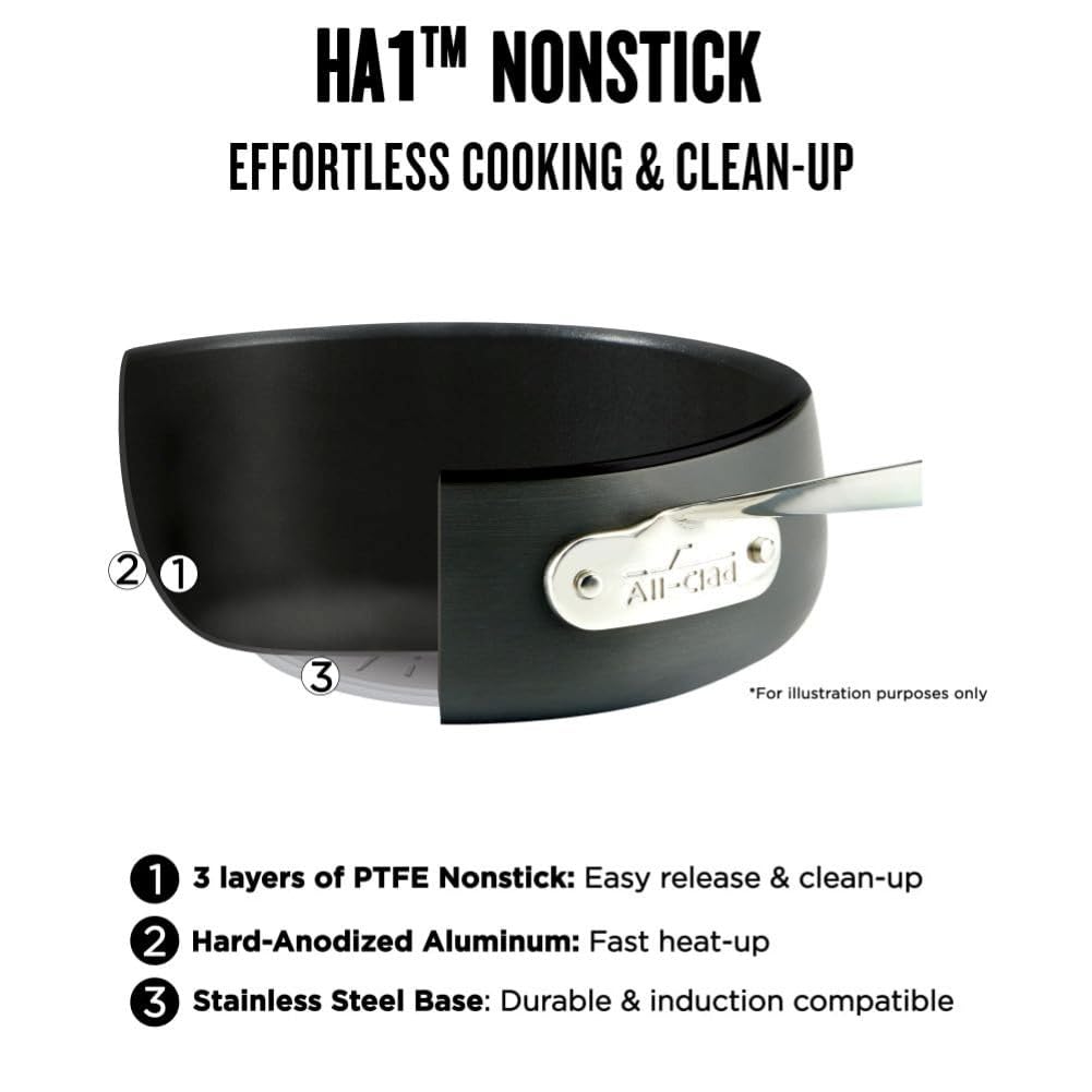 All-Clad HA1 10-inch fry pan with ergonomic stainless steel handle for safe handling.
