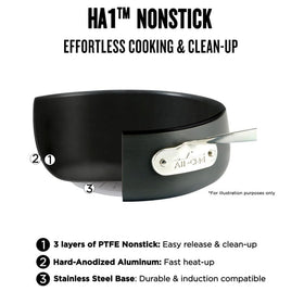 All-Clad HA1 10-inch fry pan with ergonomic stainless steel handle for safe handling.