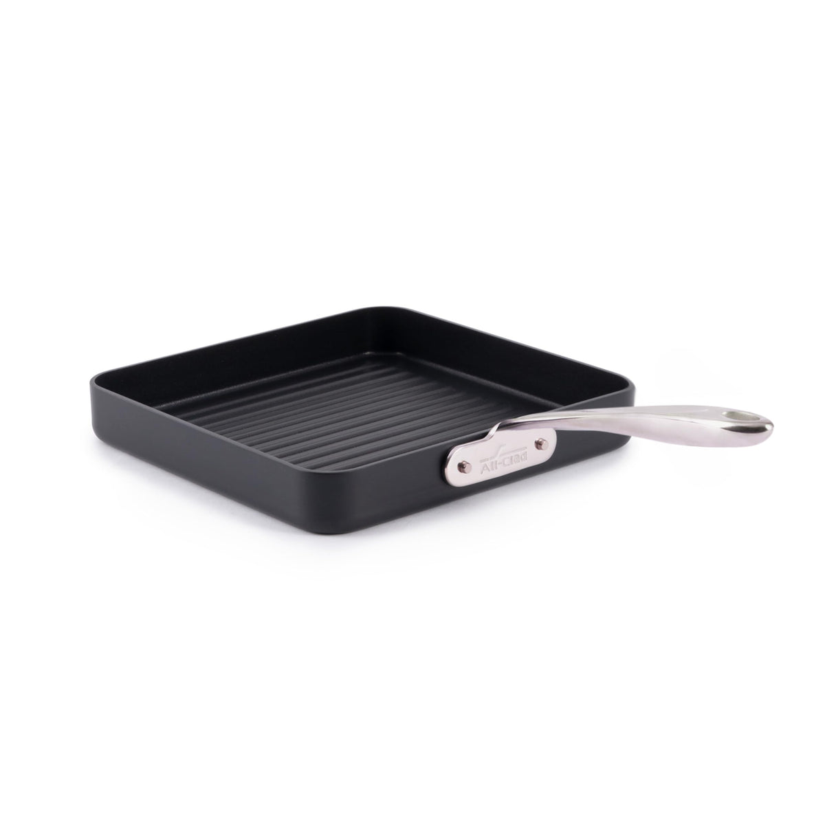 All-Clad HA1 Expert grill pan with open surface for easy flipping and browning.