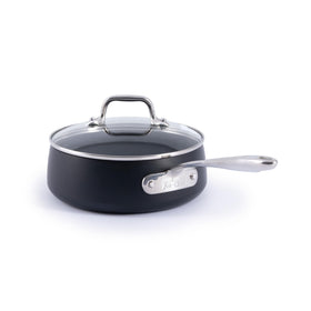 All-Clad HA1 Expert 2.5 qt saucepan with lid, ideal for small portions and reheating.