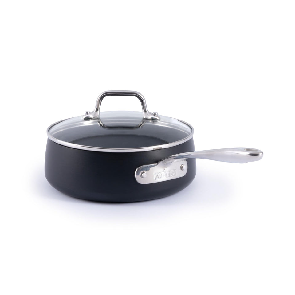 All-Clad HA1 Expert 2.5 qt saucepan with lid, ideal for small portions and reheating.