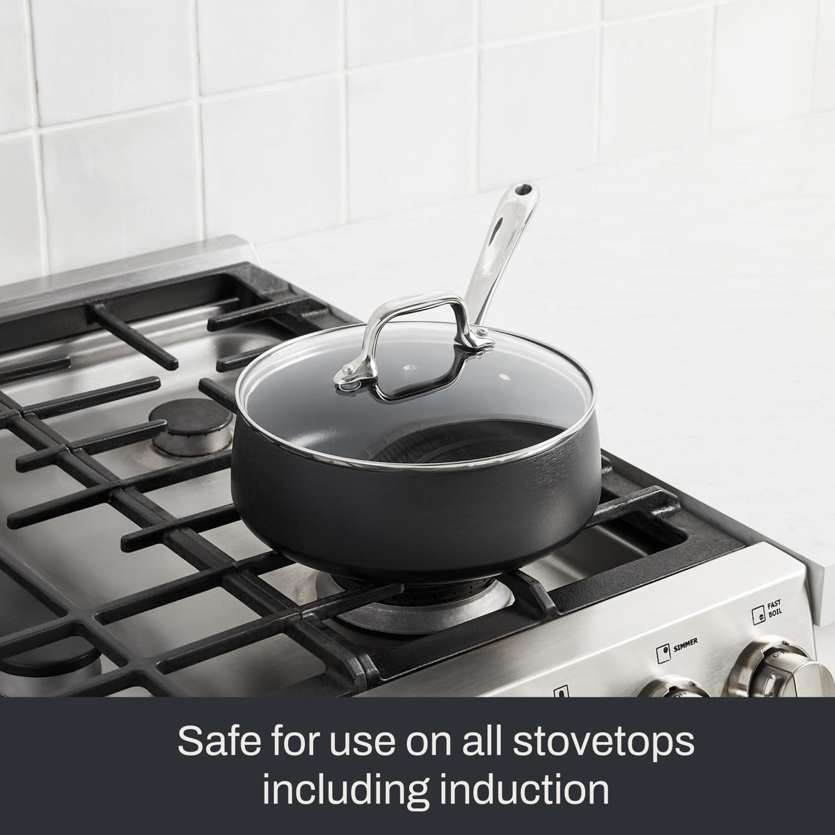 Induction-compatible All-Clad HA1 Expert saucepan for versatile cooking surfaces.
