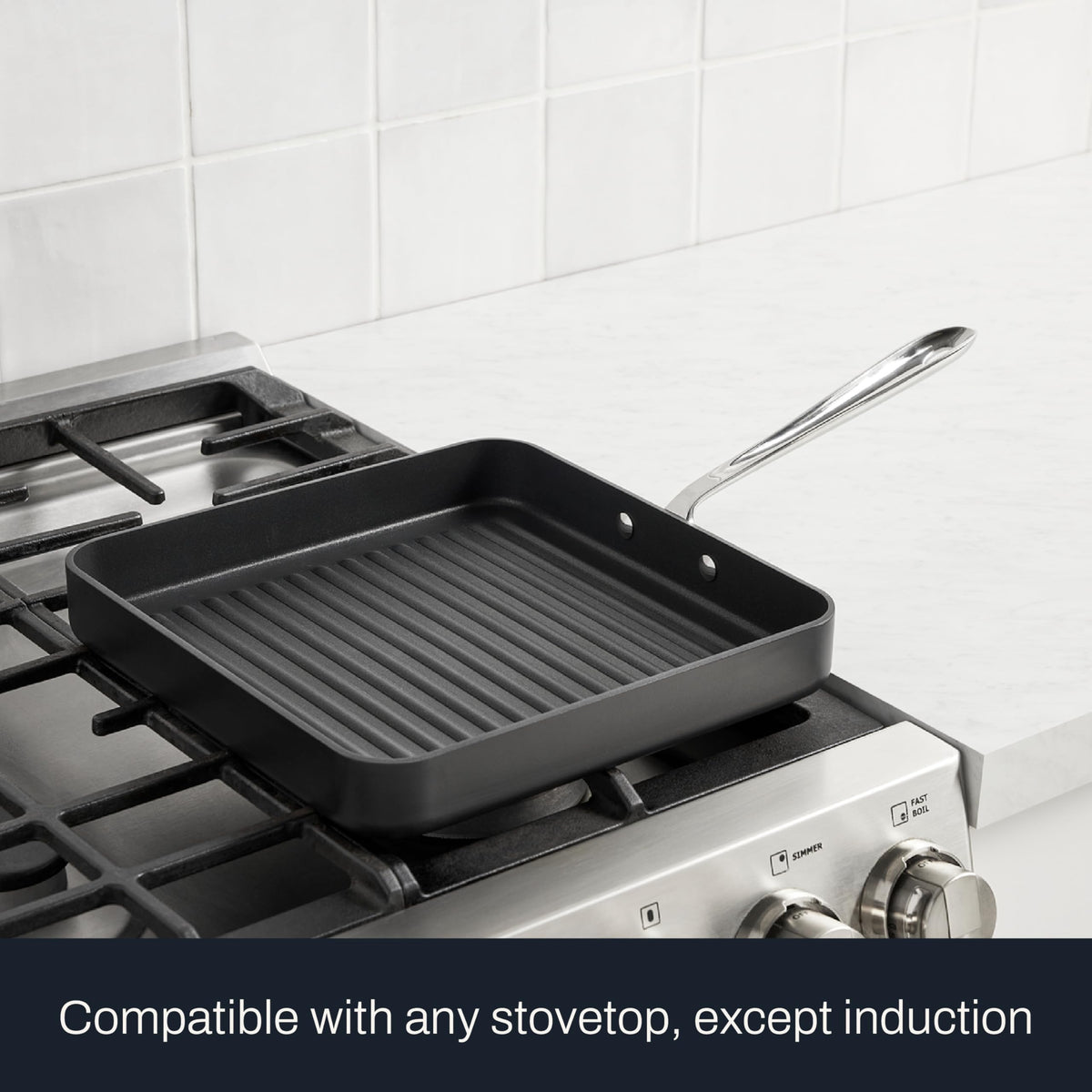Raised ridges on All-Clad HA1 grill pan create restaurant-style marks.
