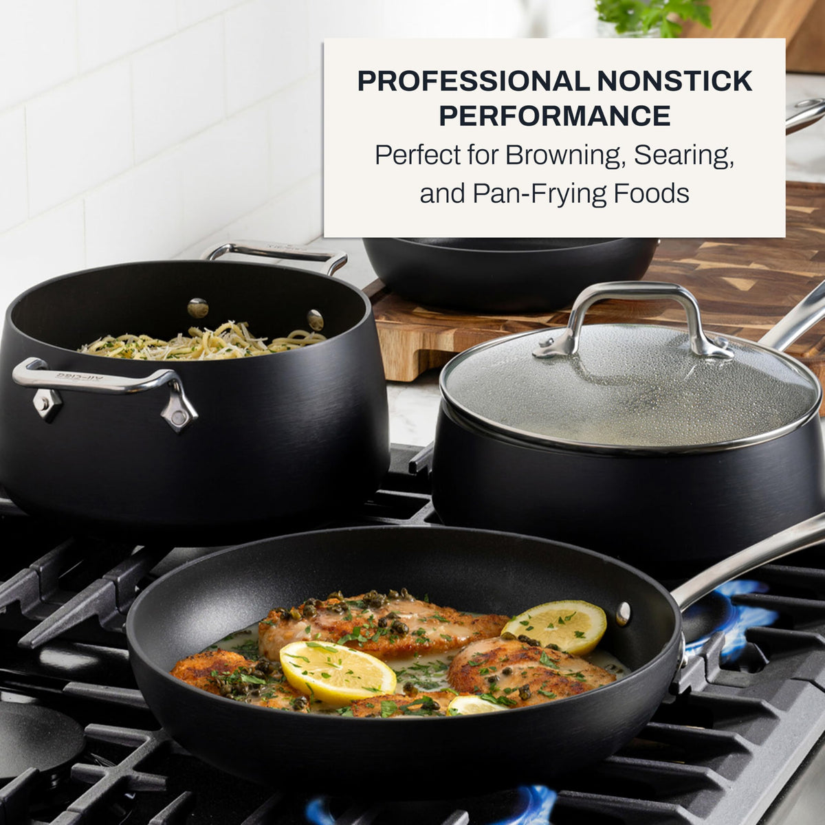 All-Clad HA1 tempered glass lids provide clear visibility while cooking.