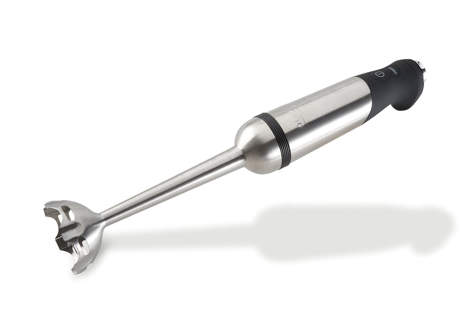 All-Clad immersion blender in stainless steel blends sauces and soups quickly.