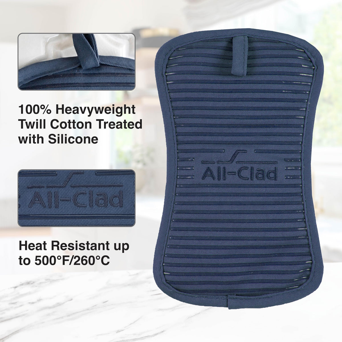 Indigo All-Clad pot holder used as a hot pad to protect surfaces