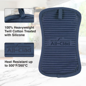 Indigo All-Clad pot holder used as a hot pad to protect surfaces