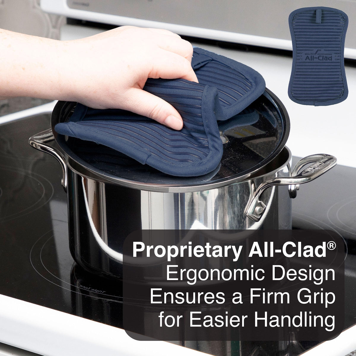 All-Clad premium indigo pot holder set complements kitchen color palettes