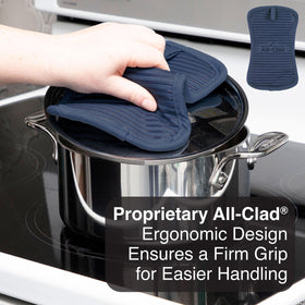 All-Clad premium indigo pot holder set complements kitchen color palettes