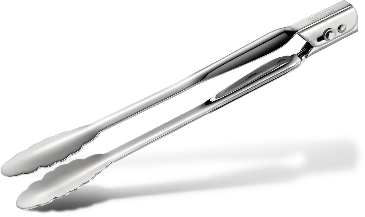 All-Clad locking tongs 12-inch polished stainless steel for secure grilling.
