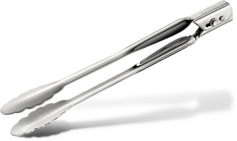 All-Clad locking tongs 12-inch polished stainless steel for secure grilling.
