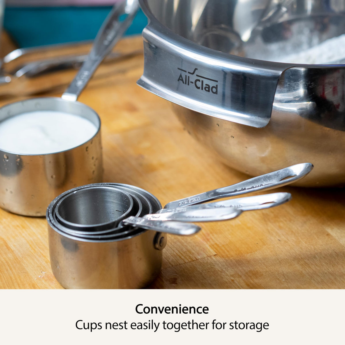 All-Clad measuring cups labeled dishwasher safe for simple cleanup.