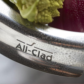 All-Clad mixing bowls integrated handles close-up, firm grip for whisking.