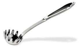 All-Clad pasta ladle with ergonomic handle and draining holes for easy serving.