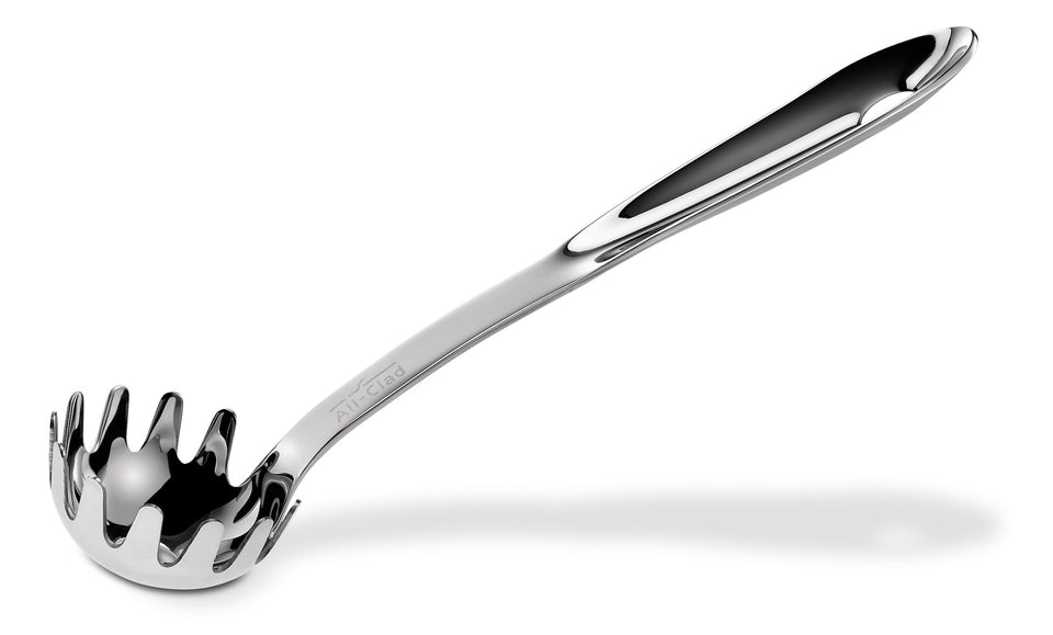 All-Clad pasta ladle with ergonomic handle and draining holes for easy serving.