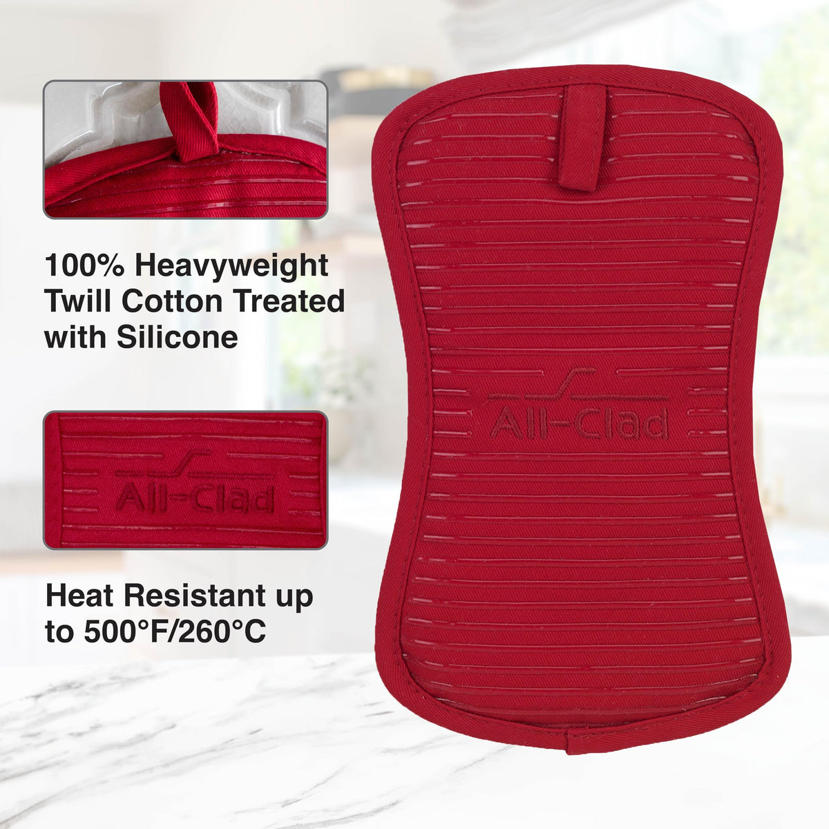 All-Clad pot holders gripping a hot dish with confidence from oven to table.