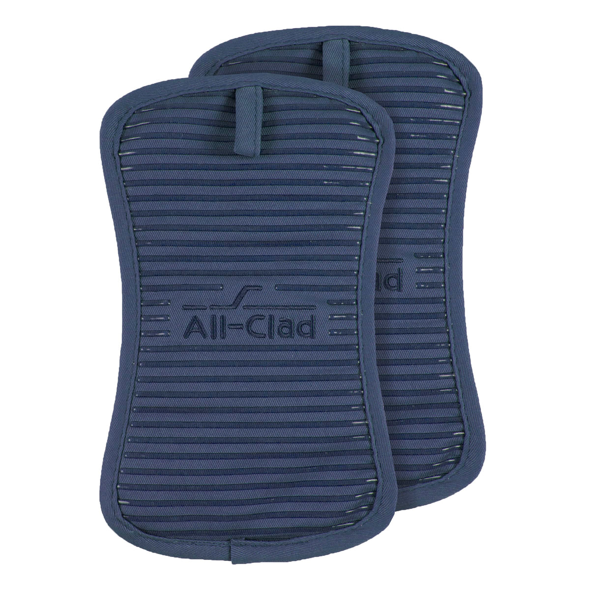 Close-up of All-Clad indigo pot holder showing durable silicone grip