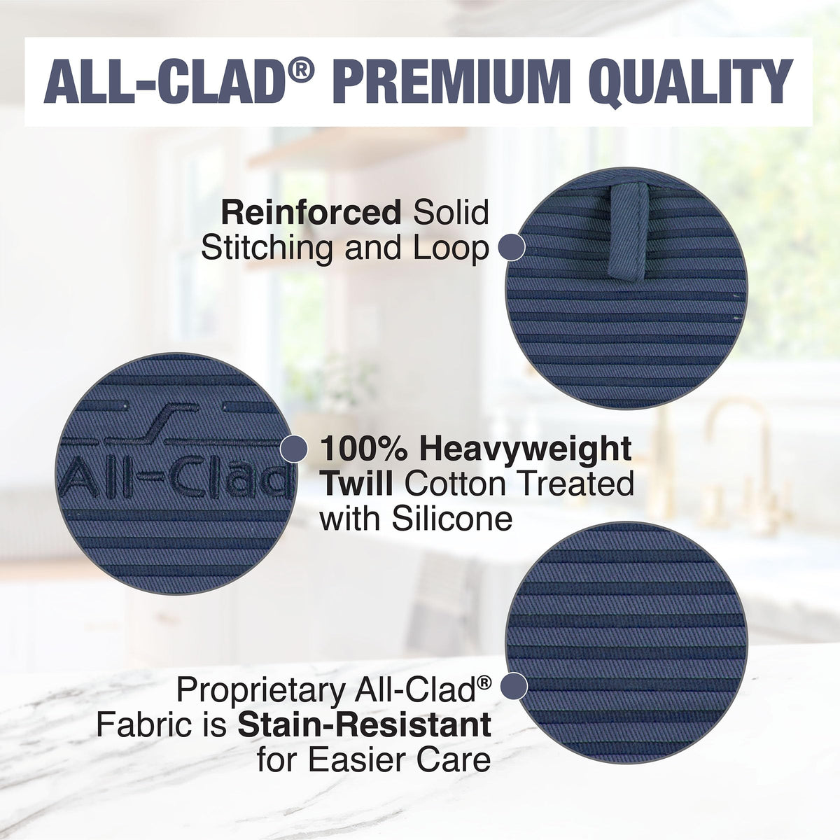 All-Clad indigo pot holder machine washable for quick cleanup