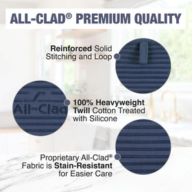 All-Clad indigo pot holder machine washable for quick cleanup
