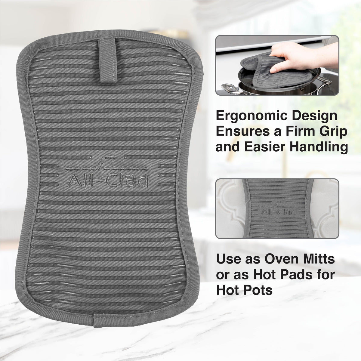 All-Clad premium pot holder 100% cotton-twill protects hands during skillet transfers.