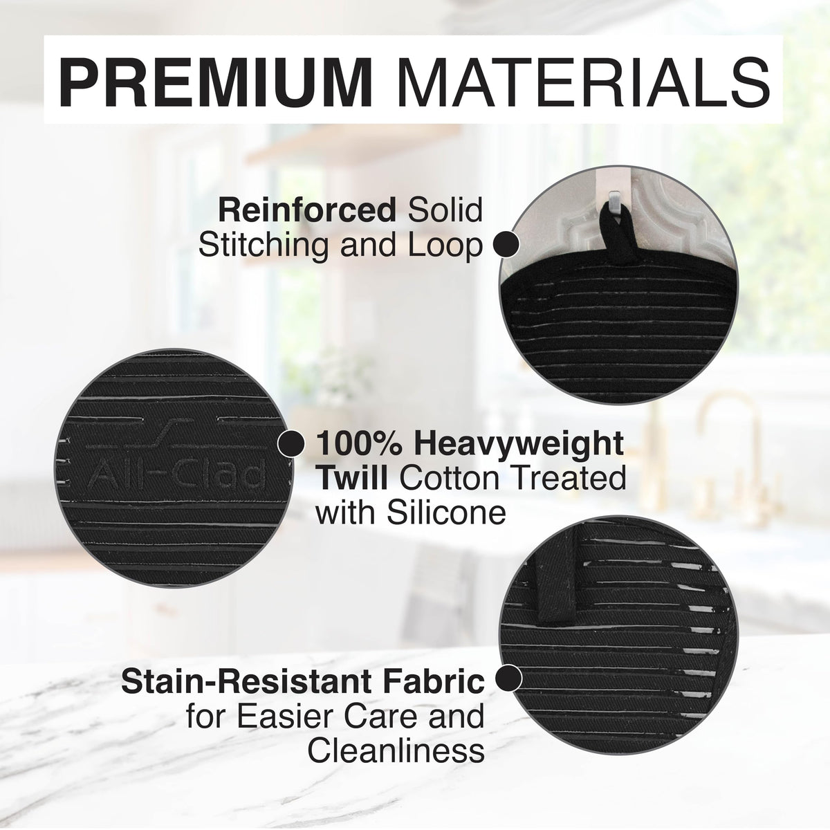 All-Clad pot holder includes hanging loop for easy storage and reach.