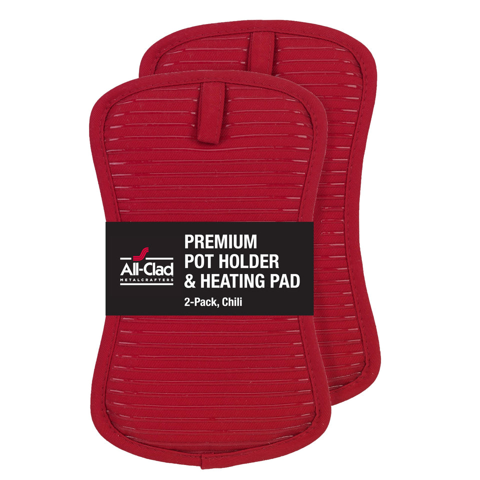 All-Clad Premium Pot Holders provide heat protection up to 500°F with silicone grip.