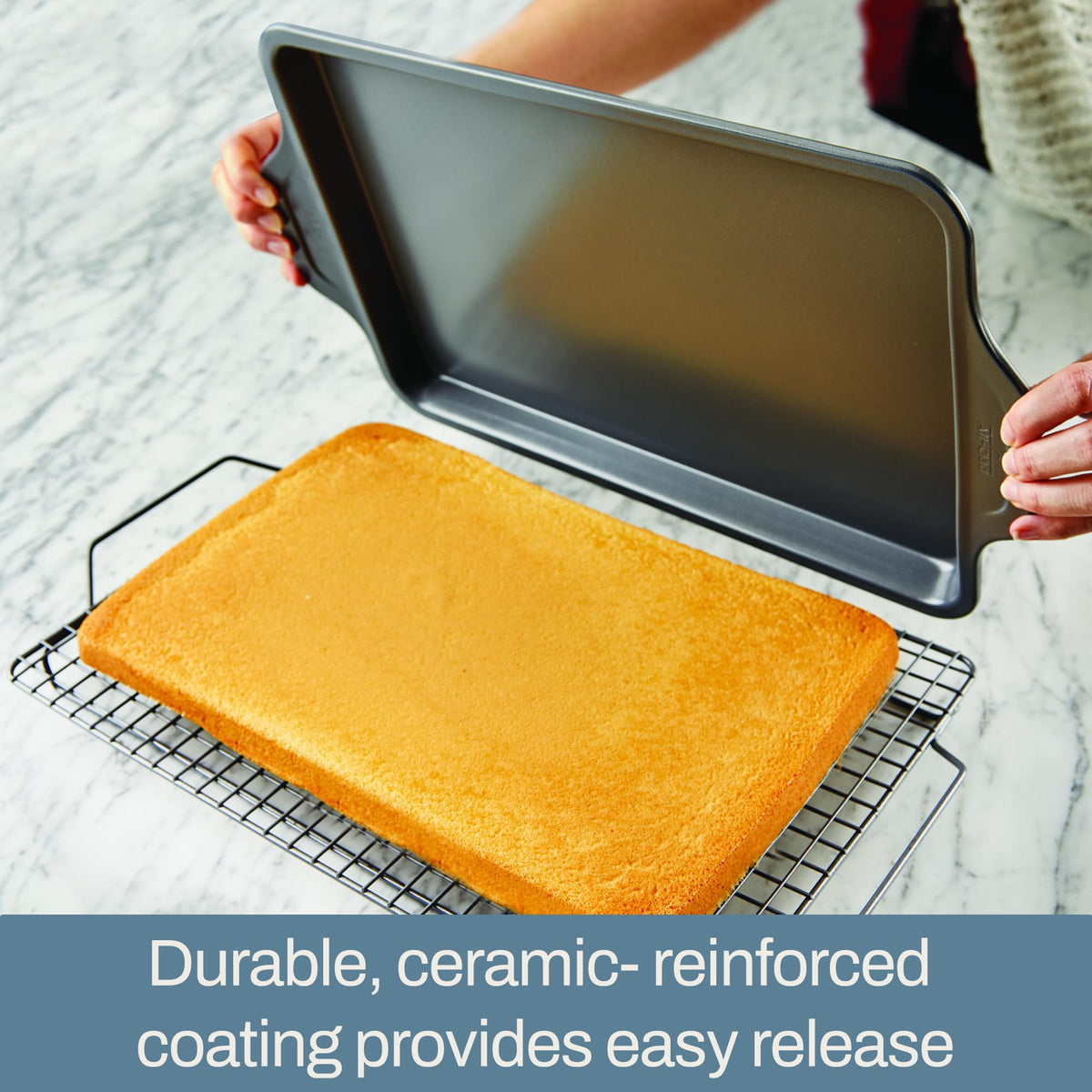 All-Clad Pro-Release square pan shows integrated handles for easy transfer from oven.
