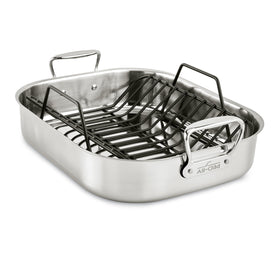 All-Clad roaster 16x13-inch with rack for even roasting and easy basting.
