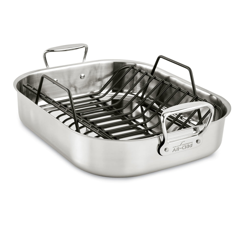 All-Clad roaster 16x13-inch with rack for even roasting and easy basting.