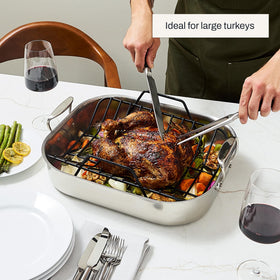 All-Clad roaster features dishwasher-safe cleaning and easy maintenance.